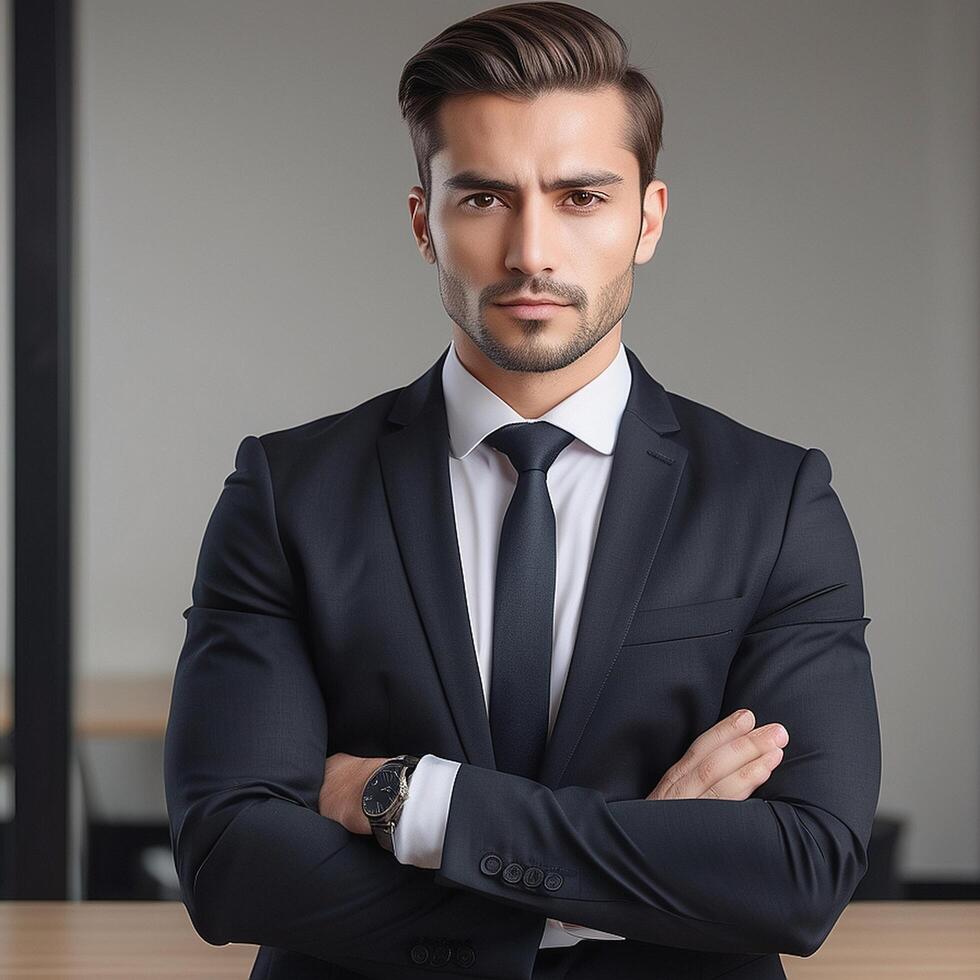 A man in a suit and tie standing in front of a table photo