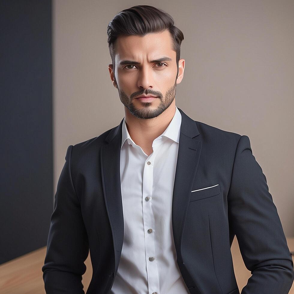 A man in a suit standing in front of a table photo