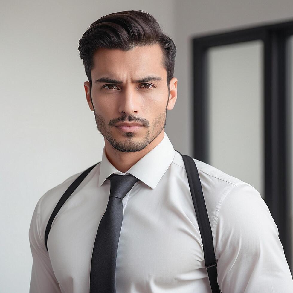 A man in a shirt and tie standing in front of a window photo