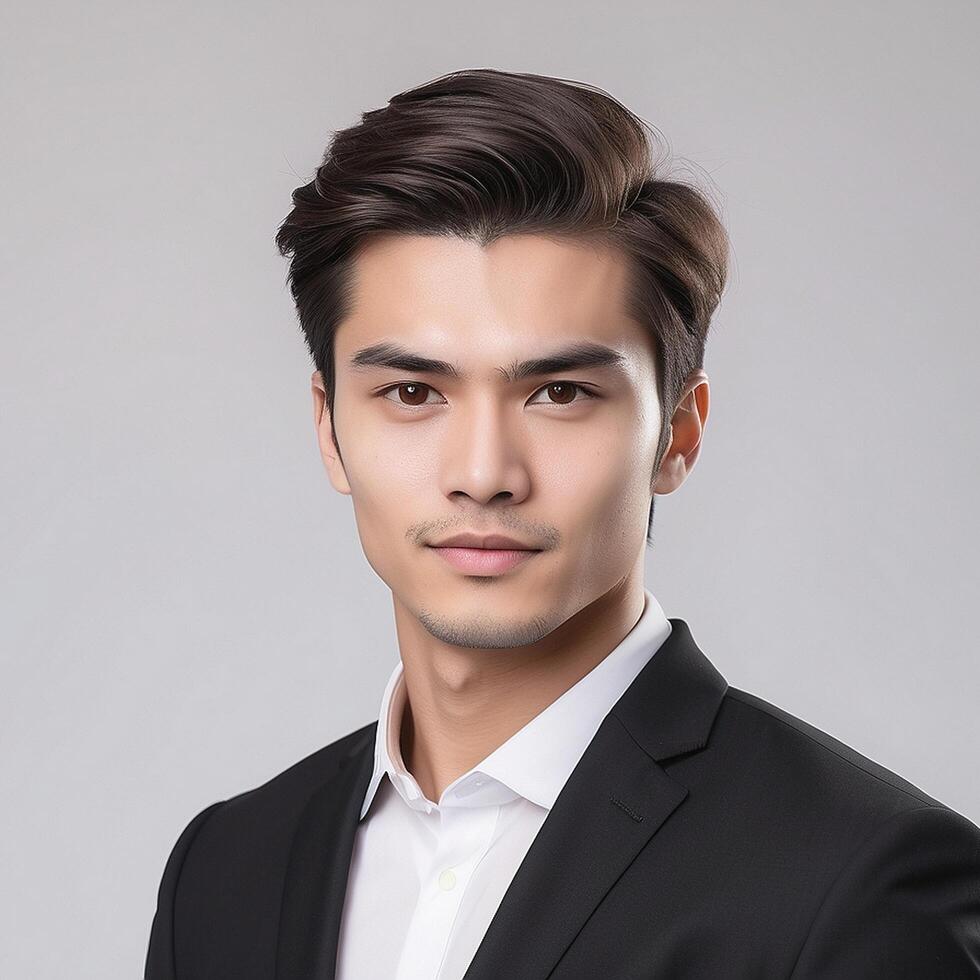 Asian man in black suit and white shirt photo