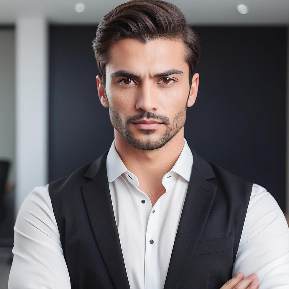 A man in a suit and shirt standing in front of a black background photo