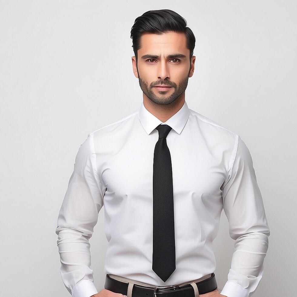 A man in a white shirt and black tie photo