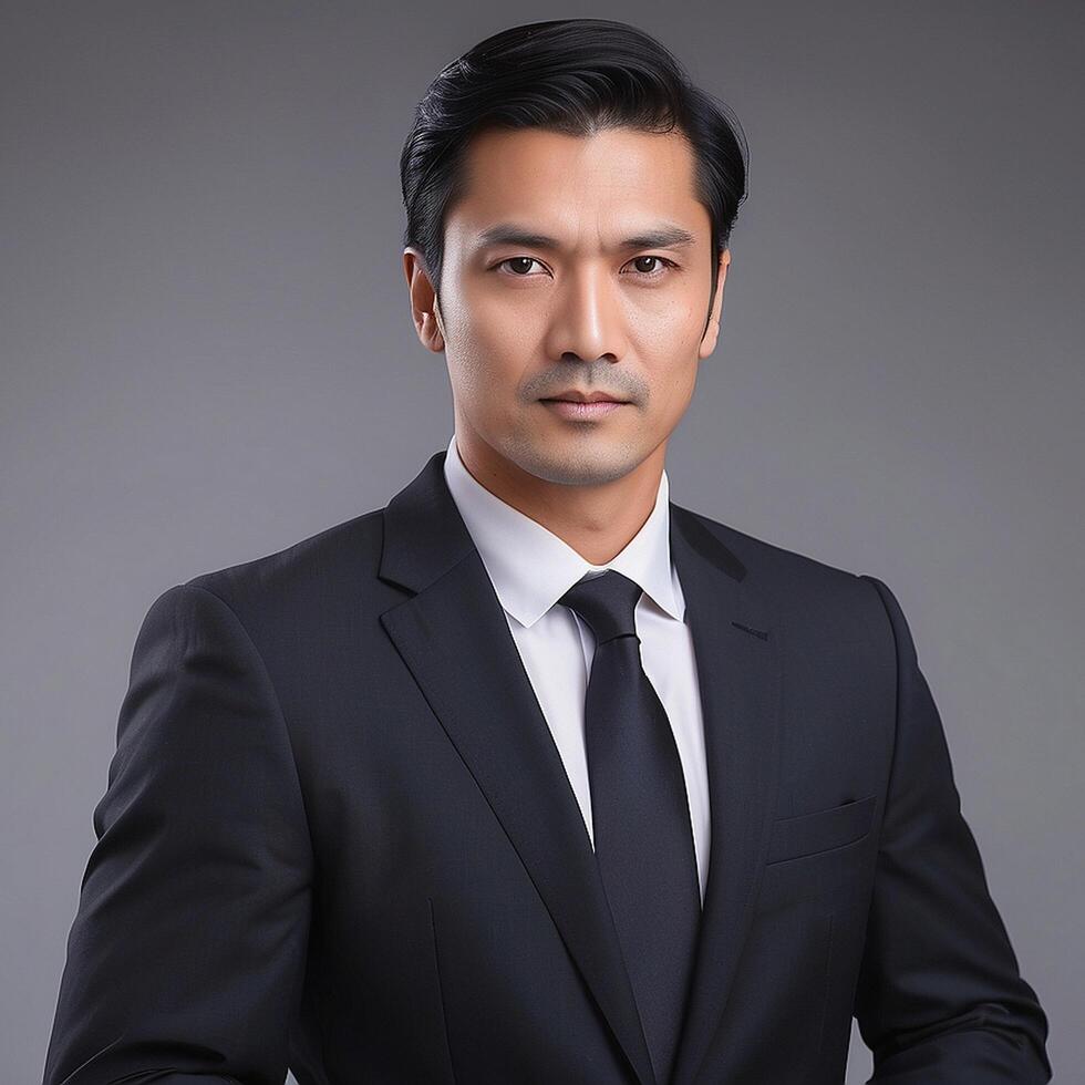Asian man in suit and tie posing for the camera photo