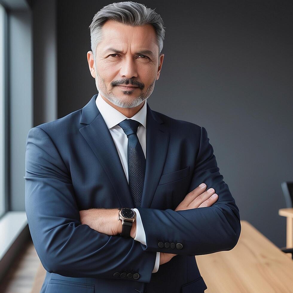 A man in a suit and tie standing in front of a table photo