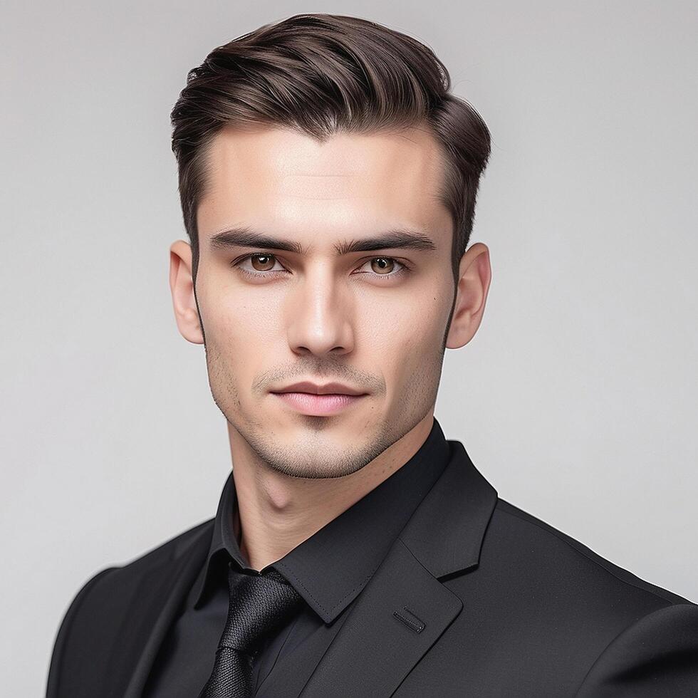 A man in a black suit and tie photo