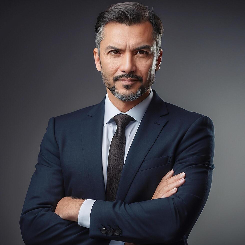 A man in a suit and tie standing with his arms crossed photo