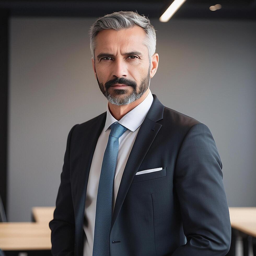 A man in a suit and tie standing in an office photo
