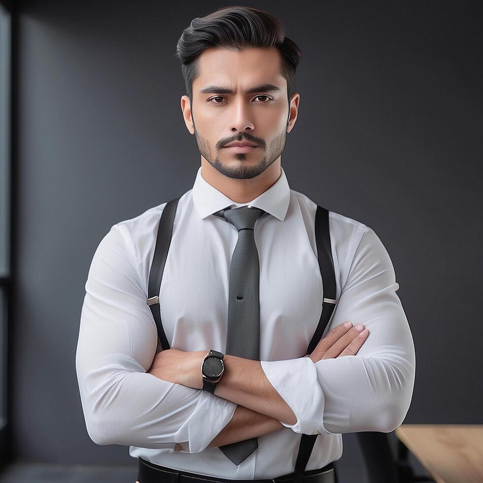 A man in a shirt and tie standing in front of a window photo