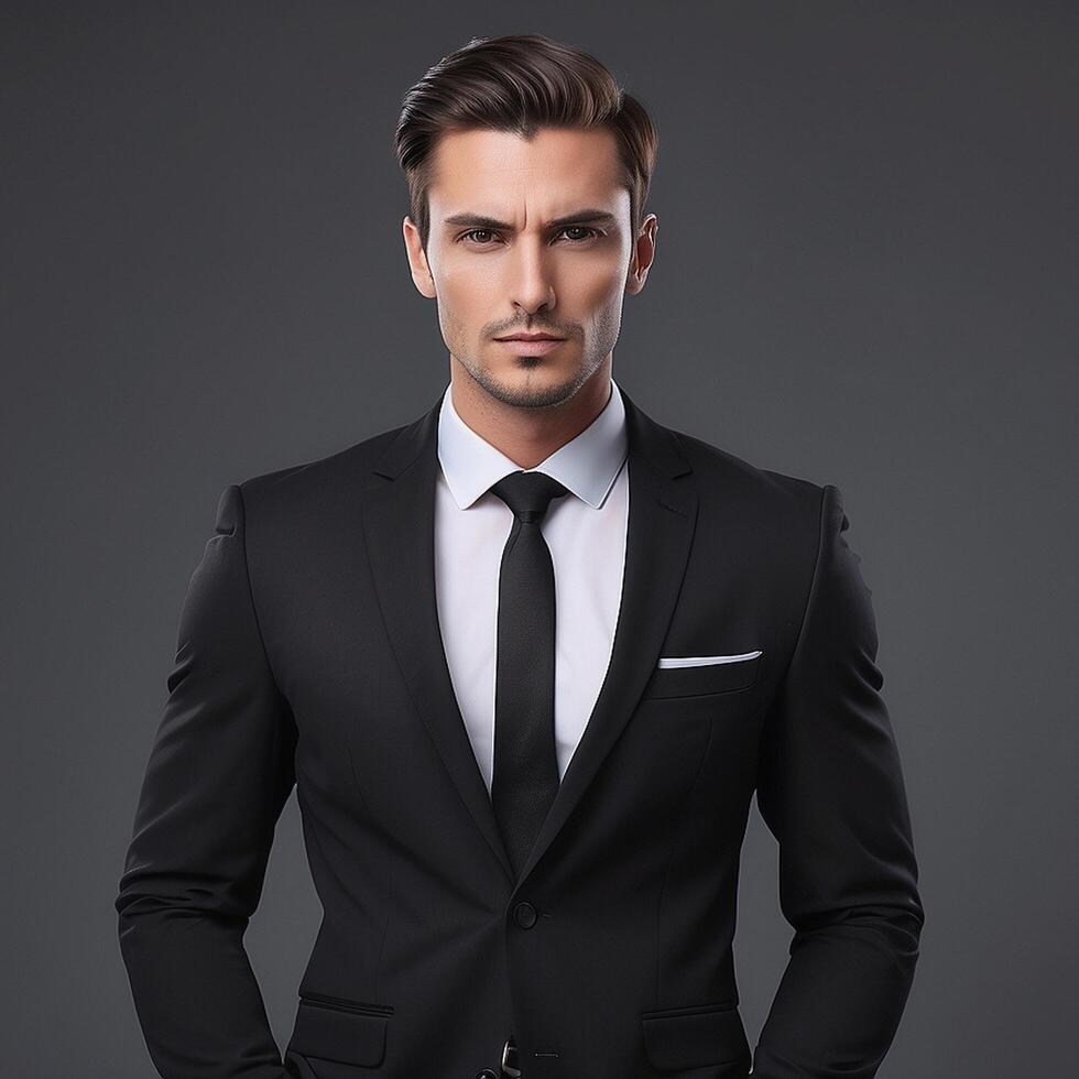 A man in a suit and tie standing in front of a gray background photo