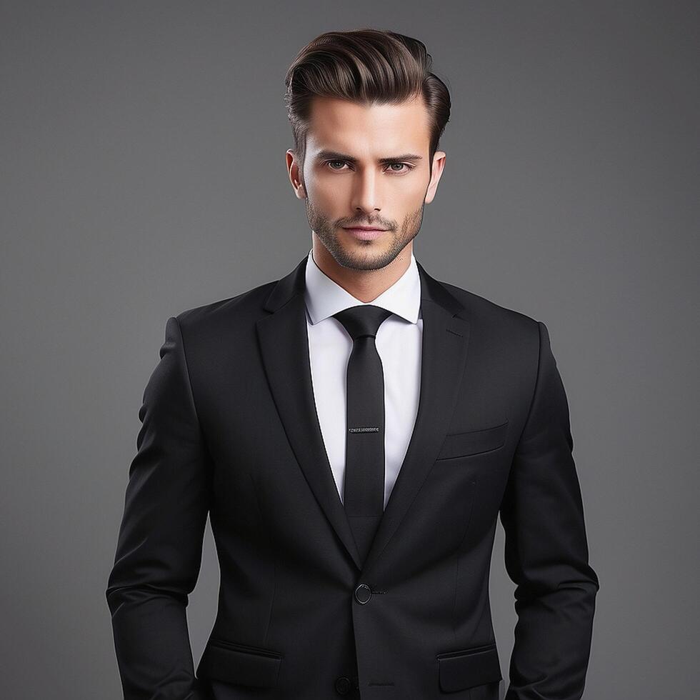 A man in a suit and tie standing in front of a gray background photo