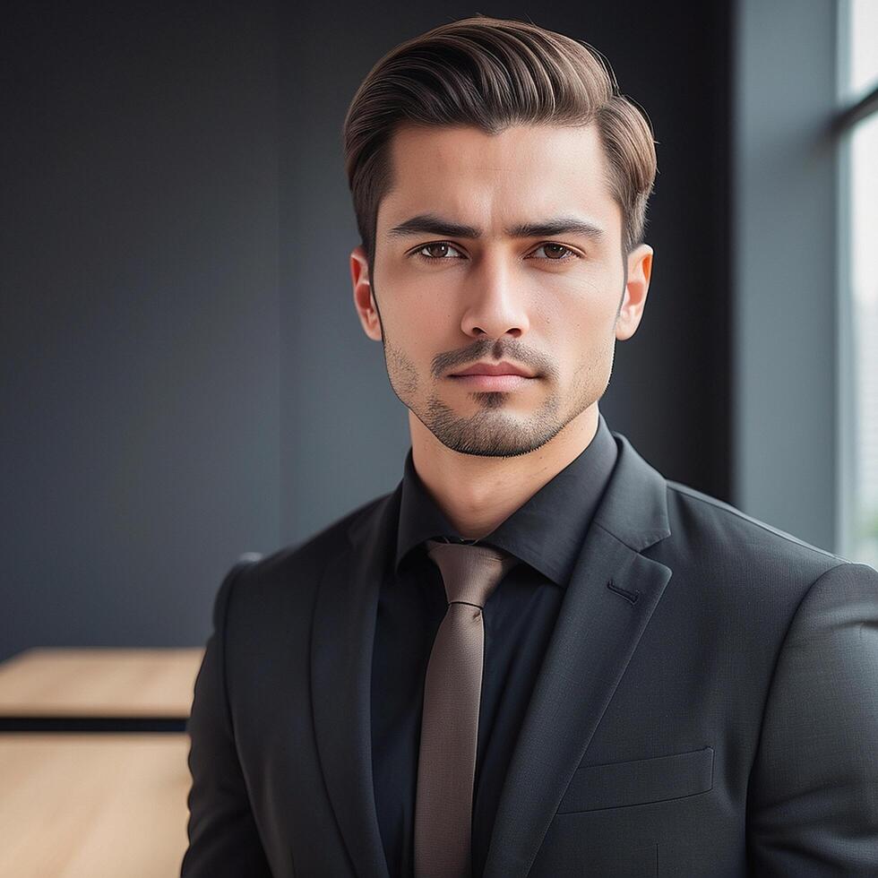 A man in a suit and tie standing in front of a window photo