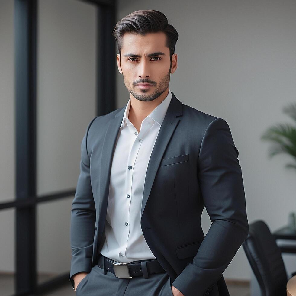 A man in a suit standing in front of a desk photo