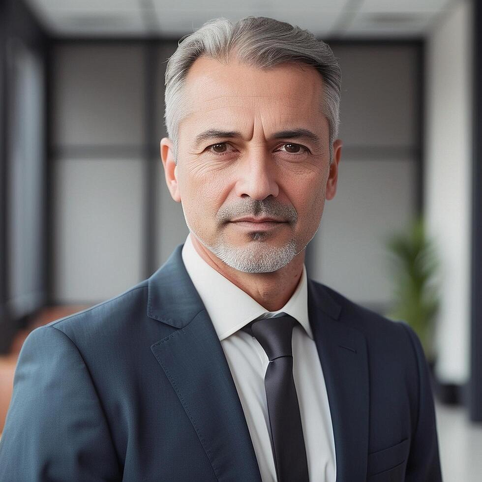 A man in a suit and tie standing in an office photo