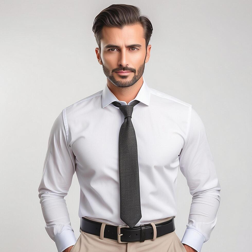 A man in a shirt and tie standing in front of a white background photo