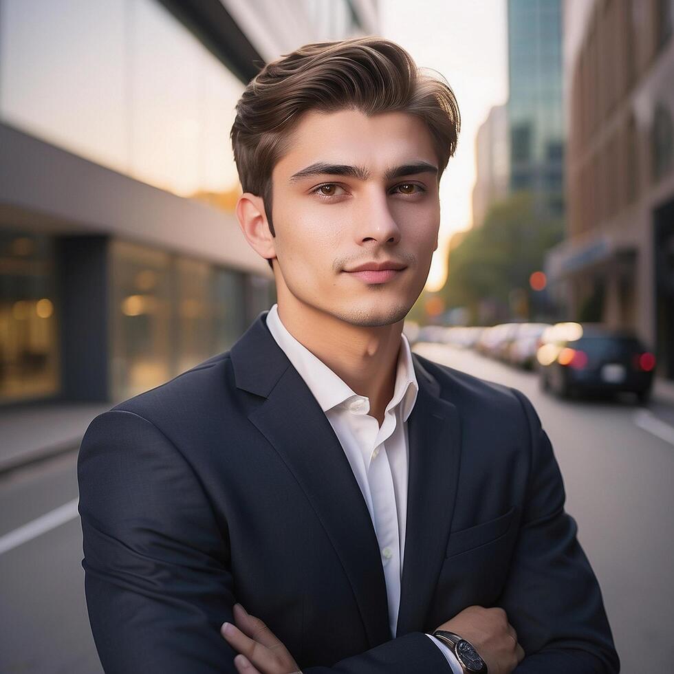 Young man in suit standing on street with arms crossed photo