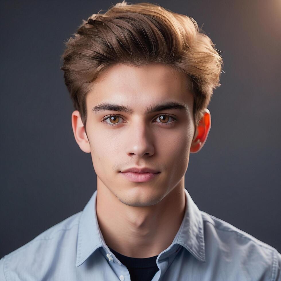 A young man with a short hair and a blue shirt photo