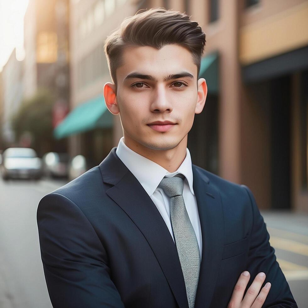 Young businessman standing in the street with his arms crossed photo