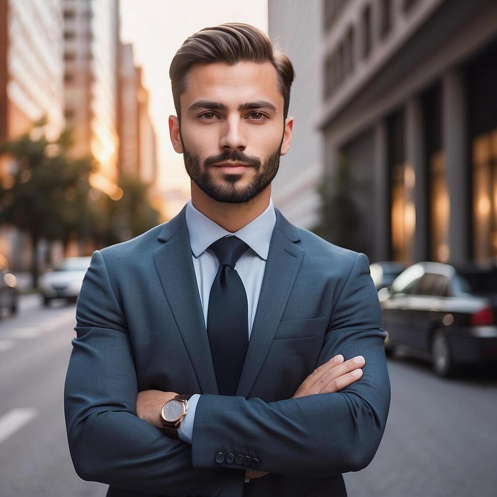 A man in a suit standing in the middle of a city street photo