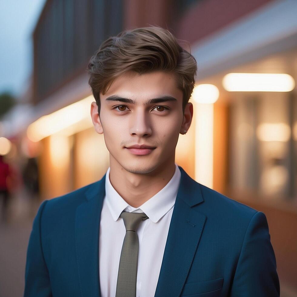 A young man in a suit and tie standing outside photo