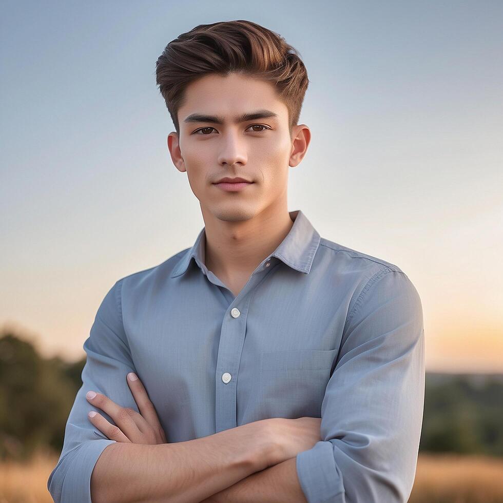 A young man in a blue shirt standing in a field photo