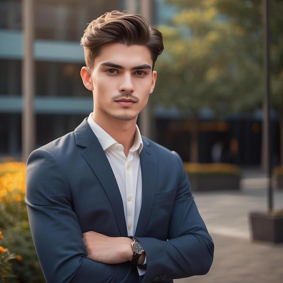 A young man in a suit standing in front of a building photo