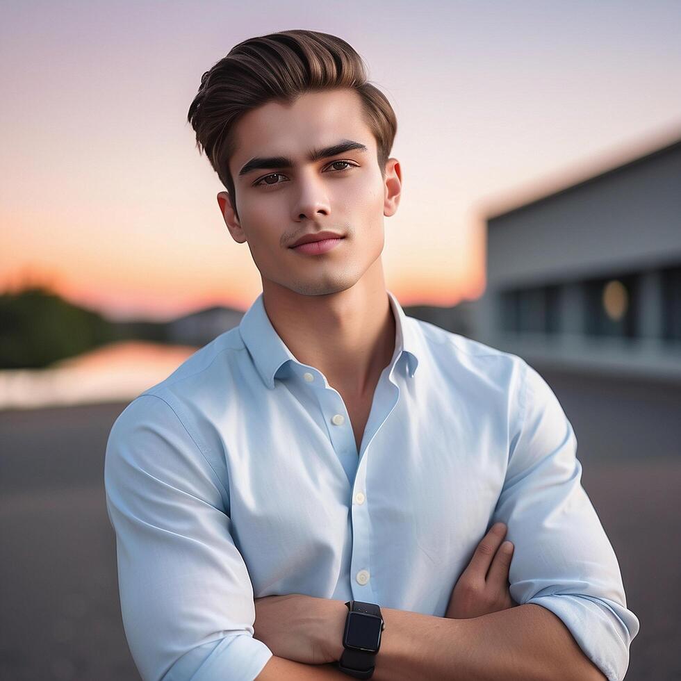 A young man in a blue shirt standing in front of a building photo