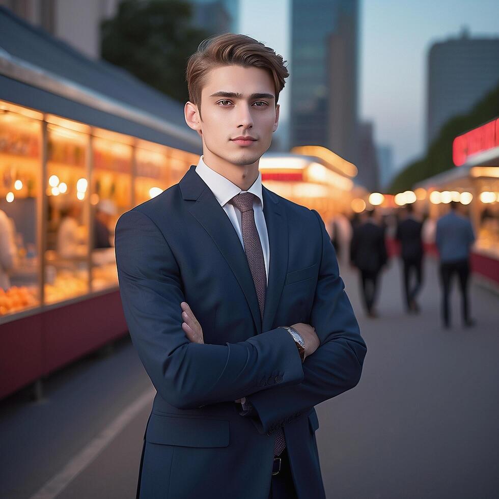 A man in a suit standing in front of a food stand photo