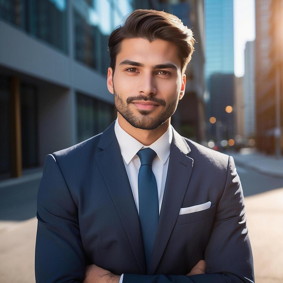 A man in a suit and tie standing in front of a city photo