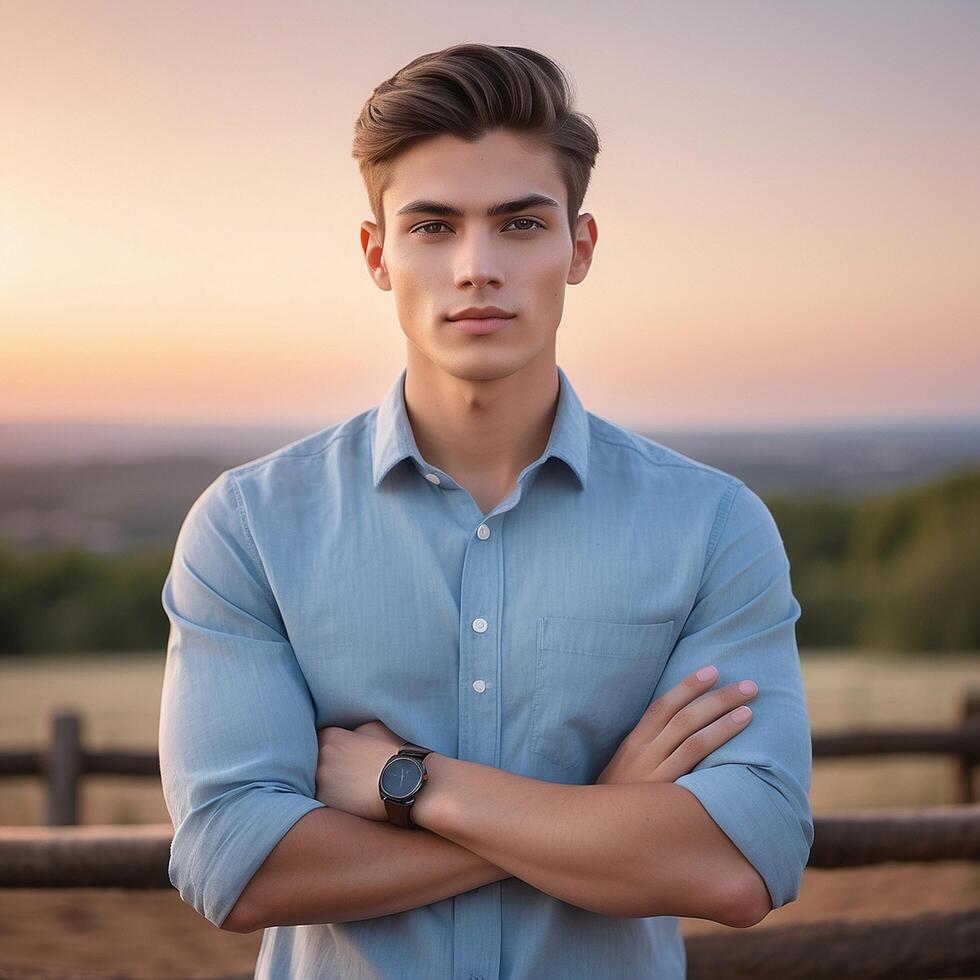 A young man in a blue shirt standing in front of a fence photo
