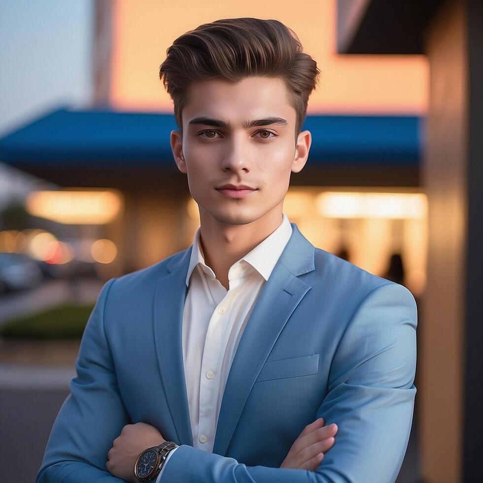 A young man in a blue suit and white shirt photo