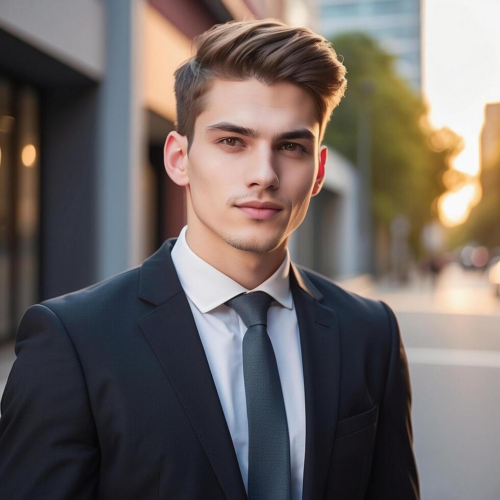 A young man in a suit and tie standing in front of a building photo