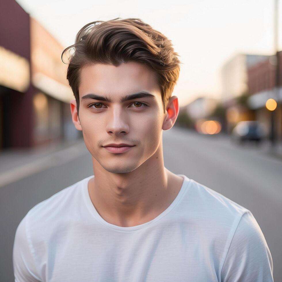 A young man in a white shirt standing on a street photo