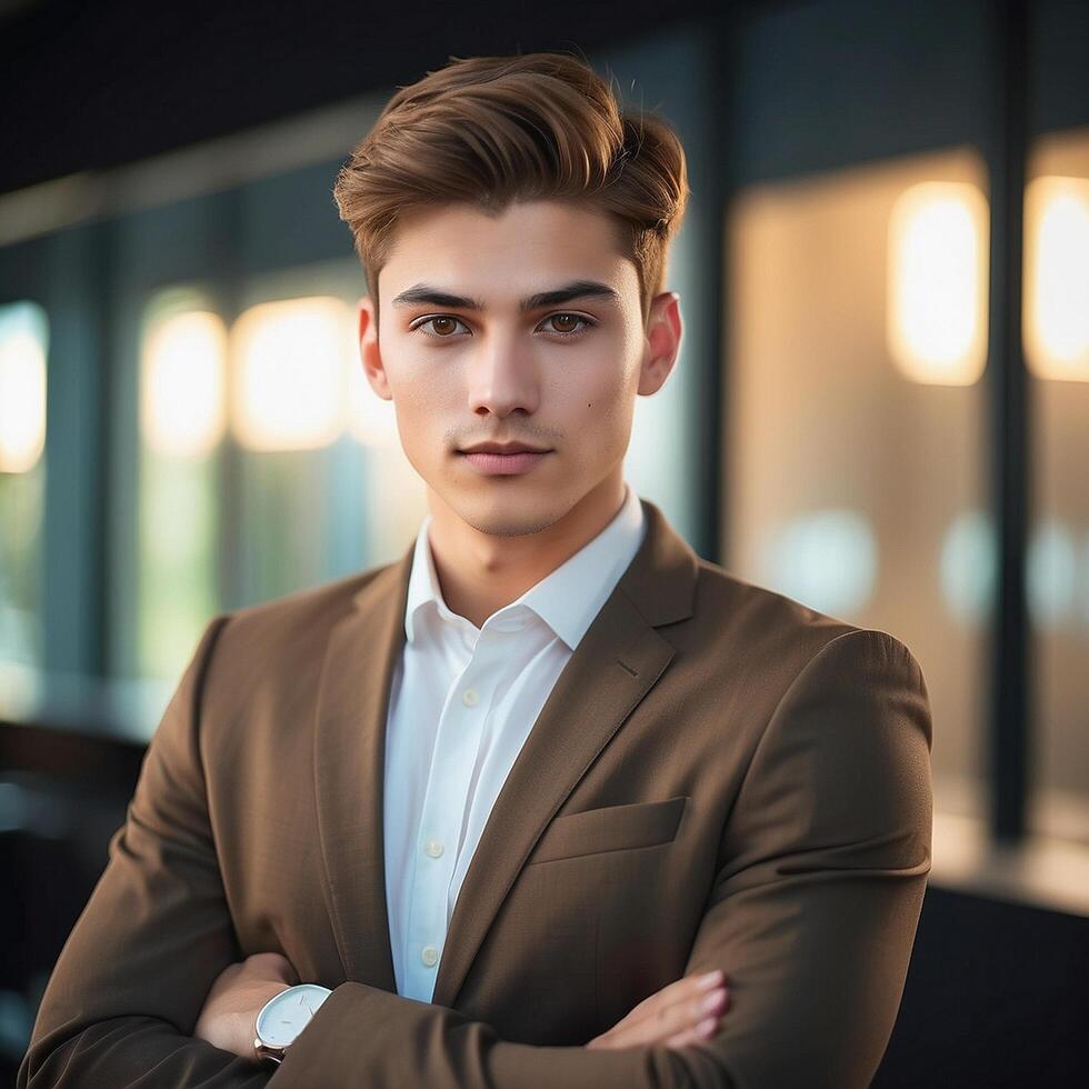 Young man in suit standing in front of window photo