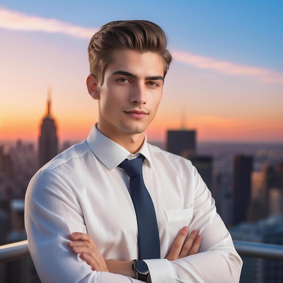Young businessman standing on a rooftop with cityscape in background photo