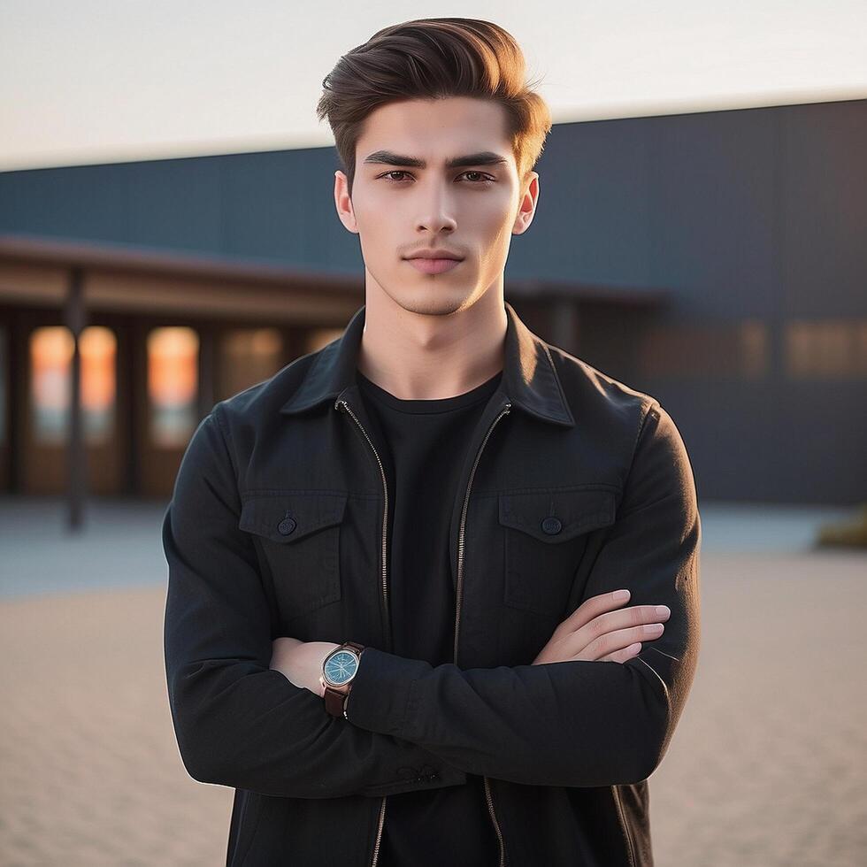 Young man with arms crossed standing in front of building photo