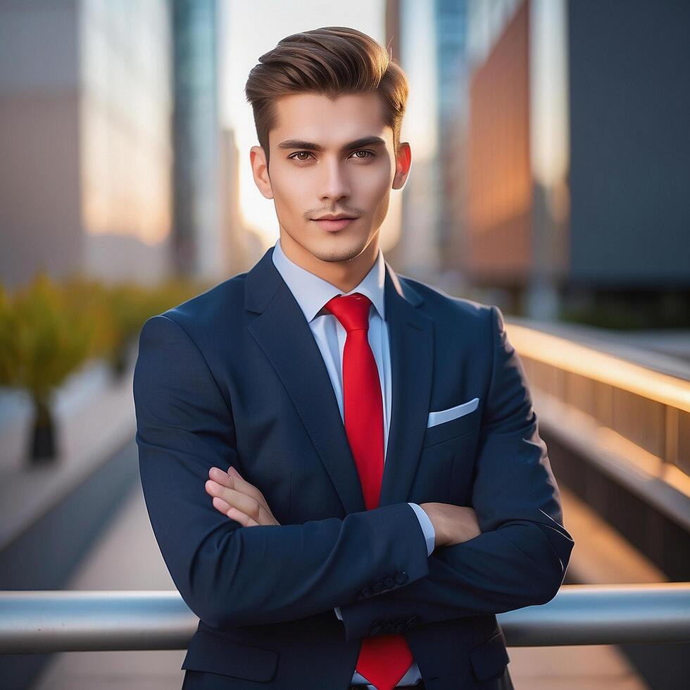 Young businessman standing in front of city building photo