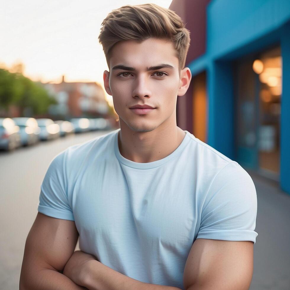 A young man with his arms crossed standing in front of a building photo