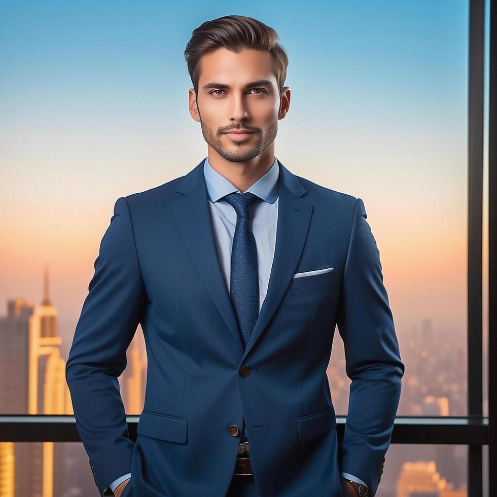 A man in a suit standing in front of a window photo