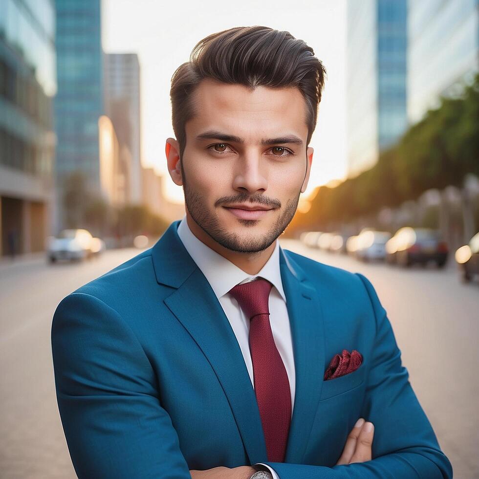 A man in a suit and tie standing in front of a city photo