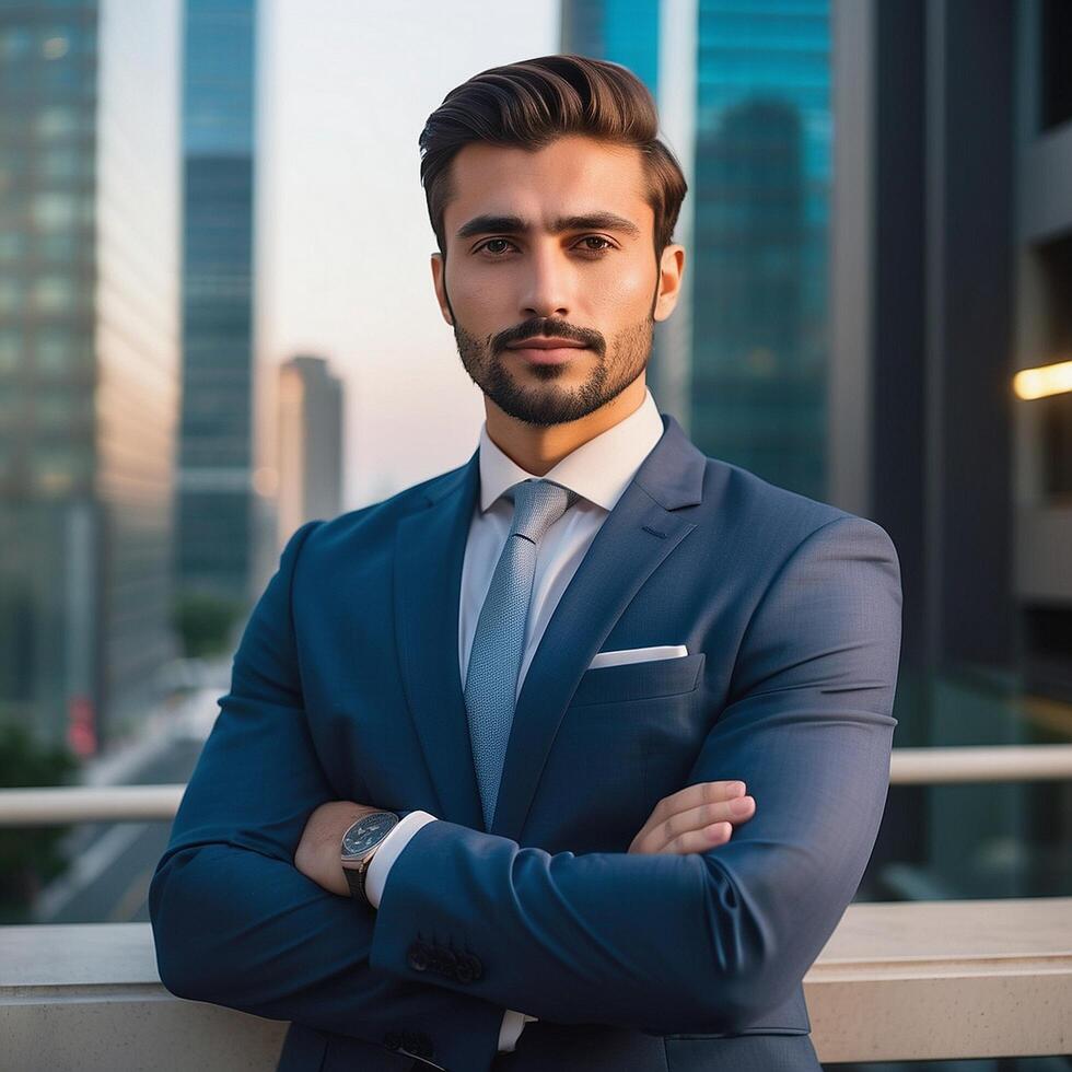 A man in a suit and tie standing in front of a city photo