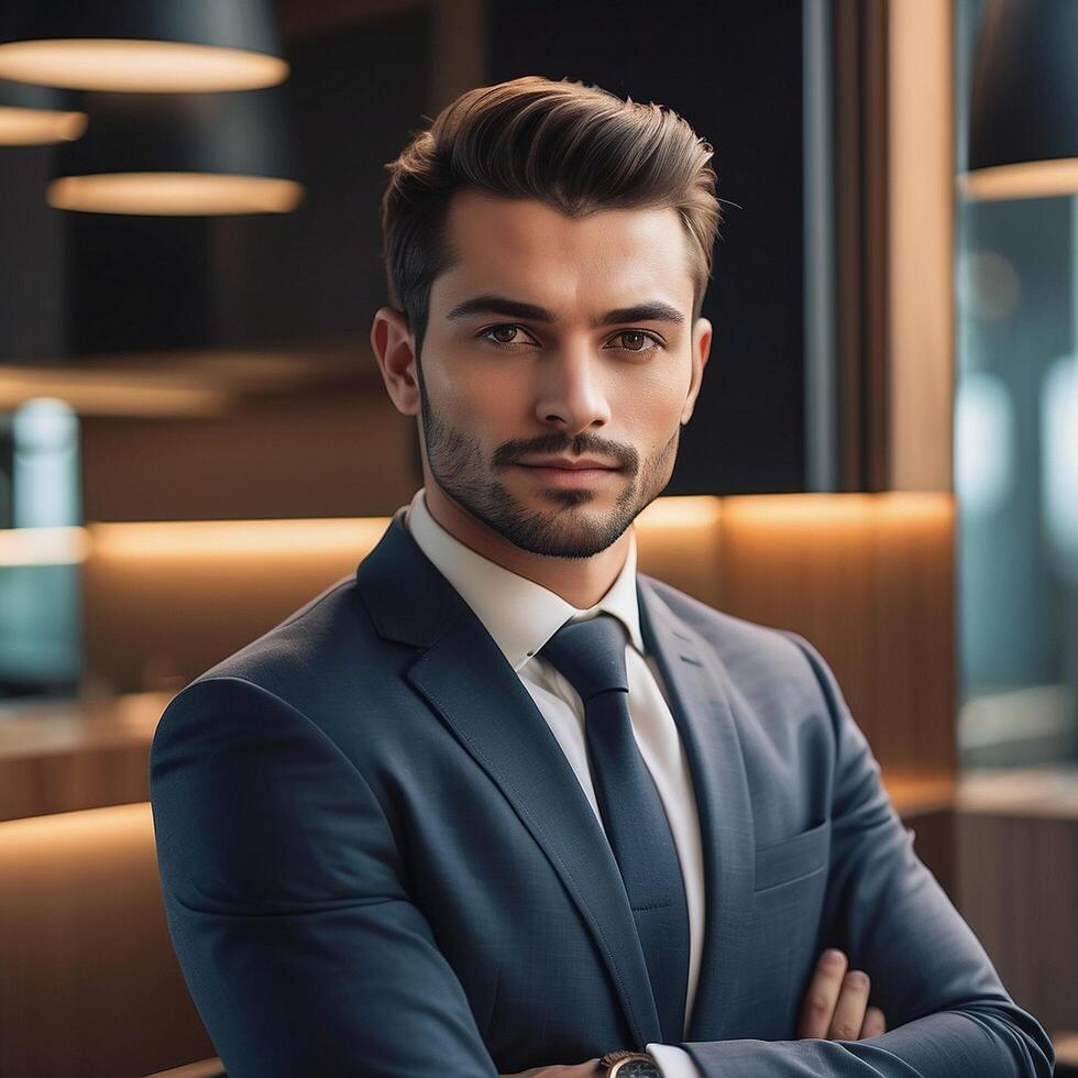 A man in a suit and tie standing in front of a window photo