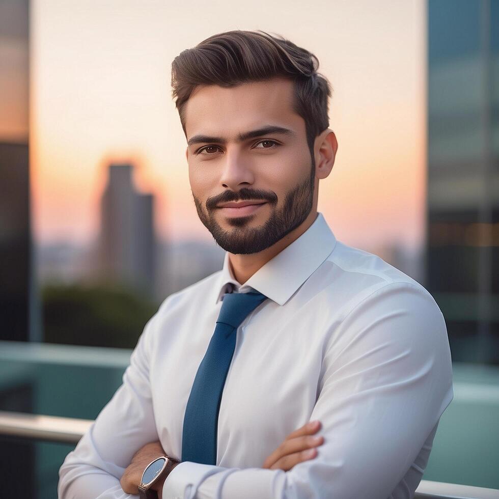A man with a beard and tie standing in front of a building photo