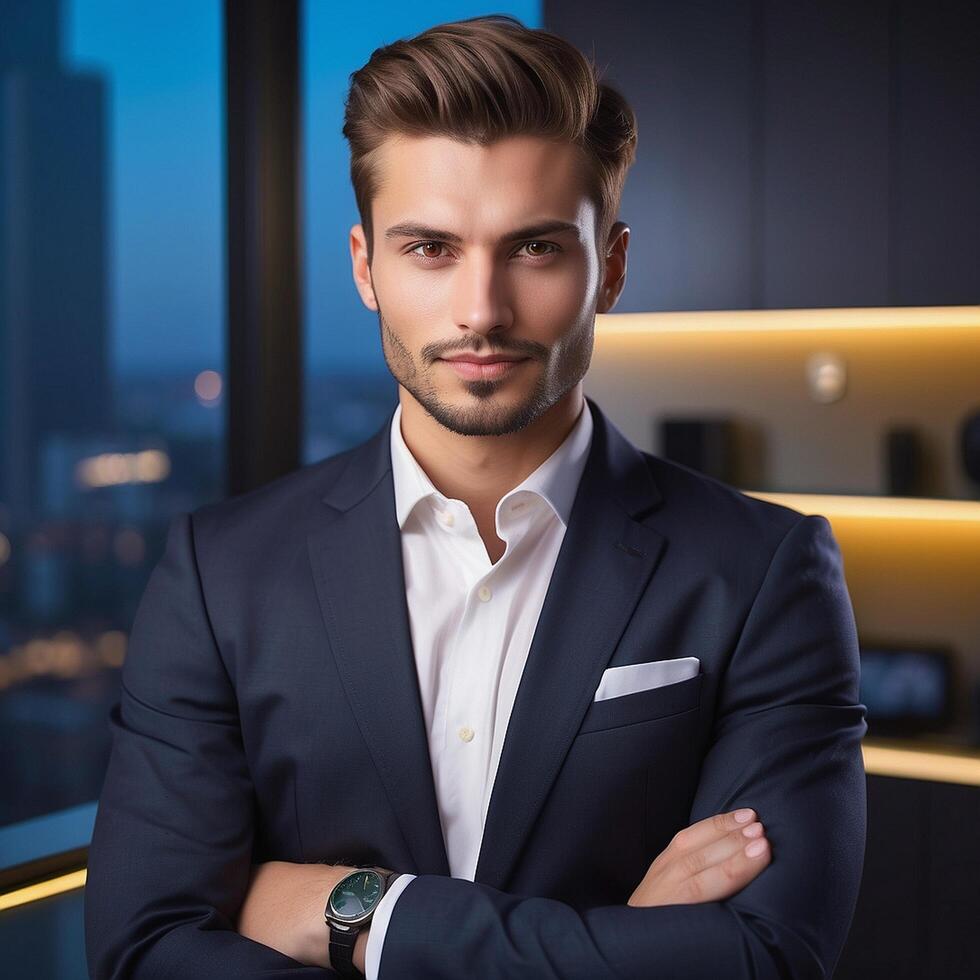 A man in a suit standing in front of a window photo