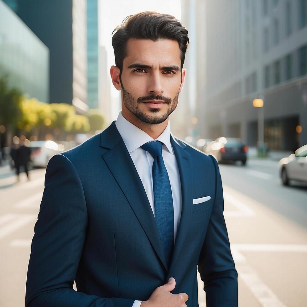 A man in a suit and tie standing on the street photo