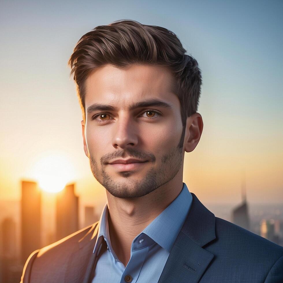 A man in a suit and tie standing in front of a cityscape photo