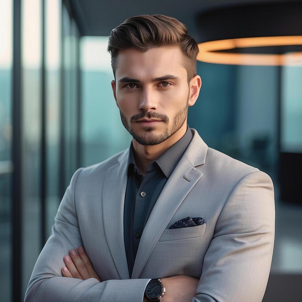 A man in a suit standing in front of a window photo