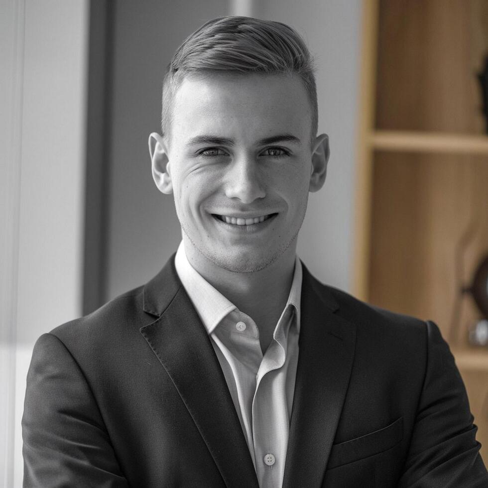 A man in a suit and tie smiling for the camera photo