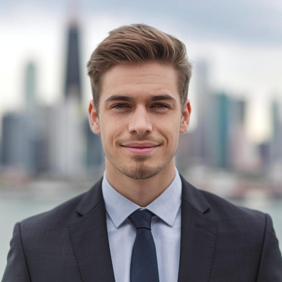 A man in a suit and tie standing in front of a cityscape photo
