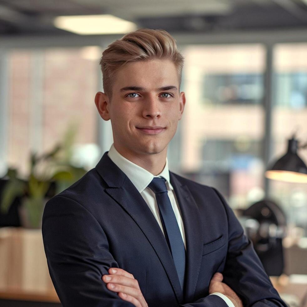 A young man in a suit and tie standing in an office photo