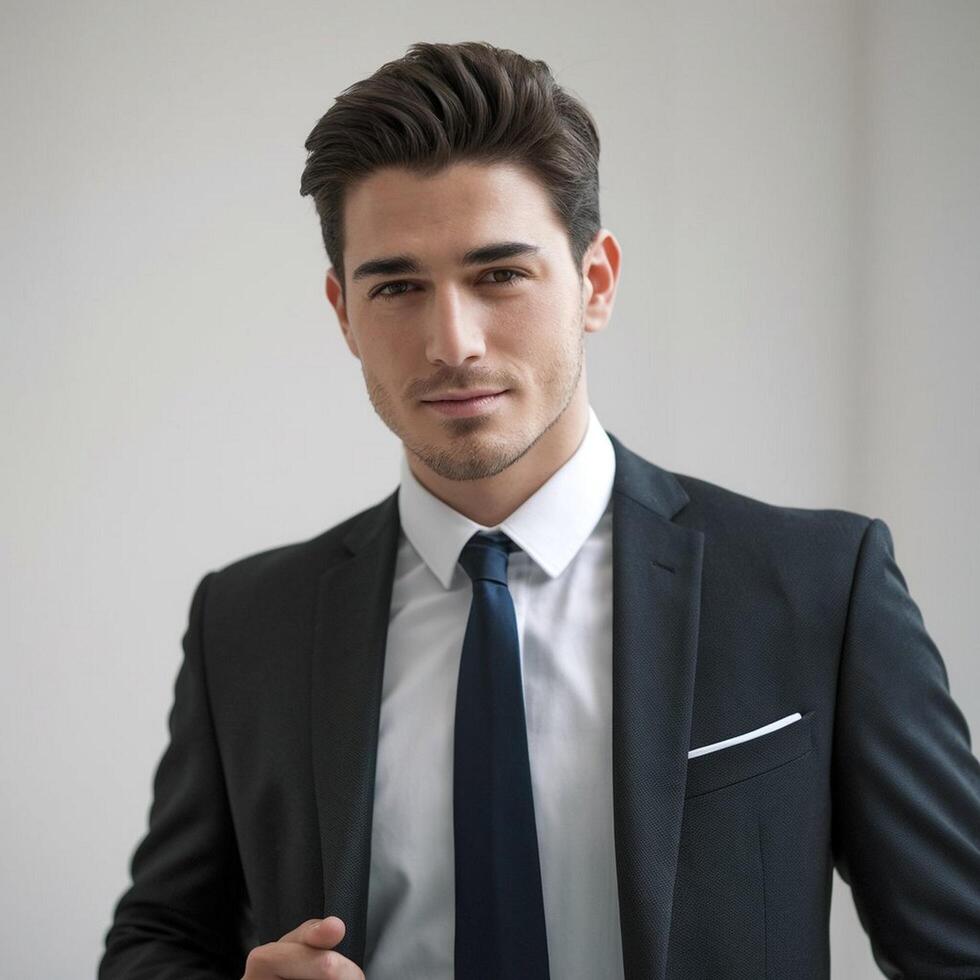 A man in a suit and tie standing in front of a white wall photo